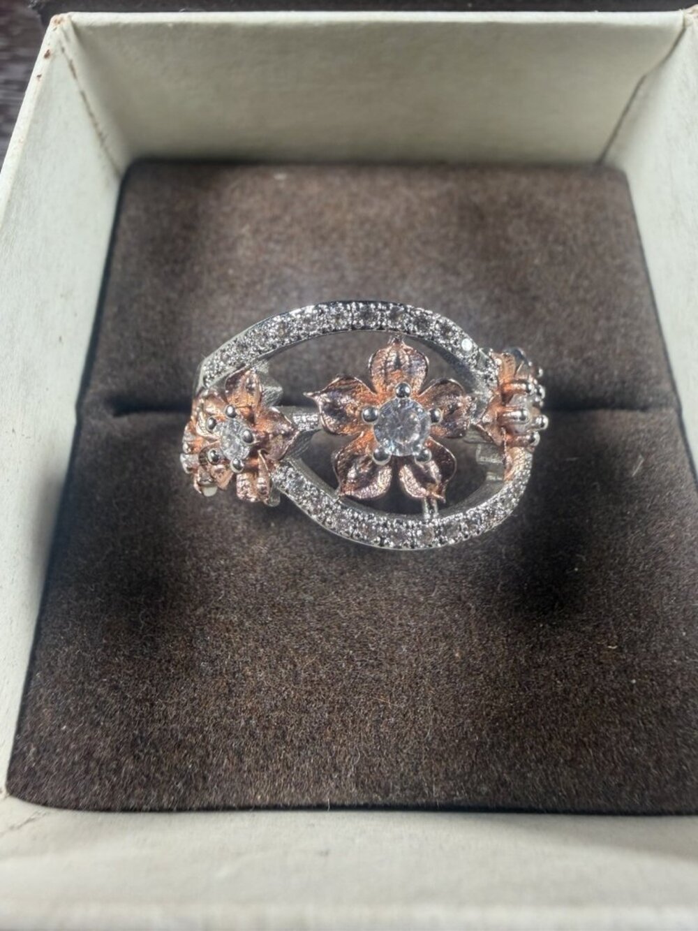 Sterling Silver 925 Rose Gold Flower CZ Floral Openwork Ring Size 10 3.87g